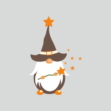 Cute Dwarf With Magic Wand. Gnome In Wizard Hat. Fairy Tale Character In Cartoon Style.