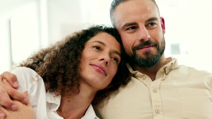 Poster - Love, life and romance, a couple relax in family living room. Home, smile and a happy hug, man and woman get cozy on sofa. Hope, dreaming and thinking of a bright future together for new homeowners