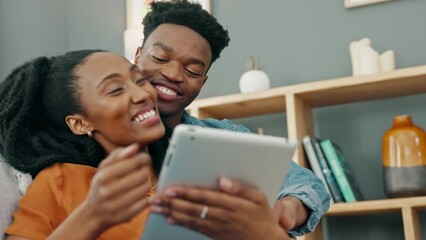 Poster - Black couple, tablet and social media browsing with a happy man and woman on the internet doing online shopping or enjoying streaming service. Lovers enjoying mobile app with 5g home wifi network