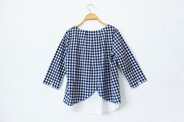  Woman blouse with summer blouse cotton on white background.plaid cotton fabric.