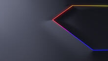 Minimalist Tech Background With Raised Hexagon And Rainbow Illuminated Edge. Black Surface With Embossed 3D Shape. 3D Render.