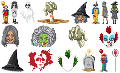 Poster - Set of horror halloween objects and cartoon characters