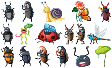 Sticker - Set of various insects and amphibians cartoon