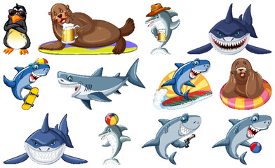 Canvas Print - Set of various sea animals cartoon characters