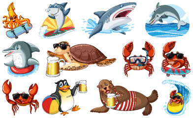 Wall Mural - set of various sea animals cartoon characters