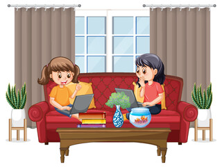 Wall Mural - At home scene with children using their laptops