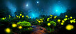 3D rendering of fantasy glowing plants in forest with lights in the background