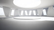 © MIRROR IMAGE STUDIO - Empty round concrete podium floor under curved skylight. 3d rendering of abstract interior space with white sky background.
