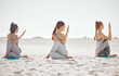 Zen, heath and yoga group meditation on a beach with women training and meditating together. Athletic friends exercise, practice posture and balance yoga pose with zen, peaceful energy in nature