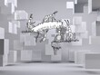 Working ants in grey room with cubes