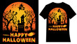 Happy Halloween t-shirt design vector. Vector cartoon style illustration of pumpkin, witch cat, and bats, isolated on white background. Print for t-shirt or poster design. Happy Halloween text.	