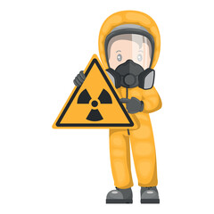 Industrial worker with radioactive hazard sign warning. Pictogram and icon of caution of radioactive materials. Protective suit and respirators. Industrial safety and occupational health at work