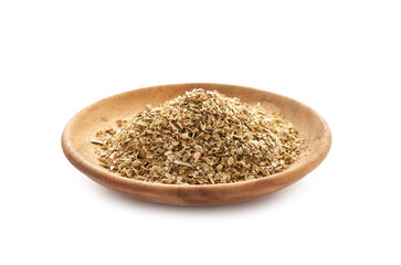 Wall Mural - dry oregano in wood plate isolated on white background. dry oregano in a wood bowl isolated on white background.                          