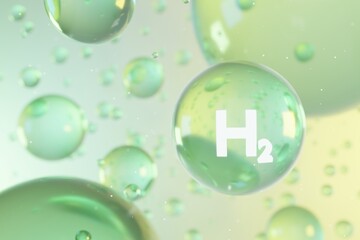 Flying transparent hydrogen molecule on a green mint background 3D illustration