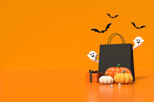 Halloween Orange Background Decorated With Ghosts, Bats, Pumpkins, Gift, And Shopping Bag For Sale, Discount, And Promotion Display With Copy Space. 3D Rendering.