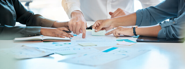 Aufkleber - Business teamwork hands, paperwork graphs and planning annual report data, research and office budget. Company discussion with documents in strategy meeting, analytics progress and financial stats