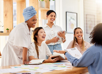 Happy workers, digital marketing and women empowerment during creative business meeting for planning, collaboration and innovation in group or team. Teamwork, strategy and ideas with documents