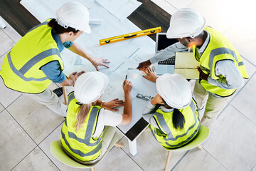 Poster - Engineer, architect or construction team workers working on creative innovation, planning and strategy design plan for building. Teamwork, meeting and industrial architecture business model idea