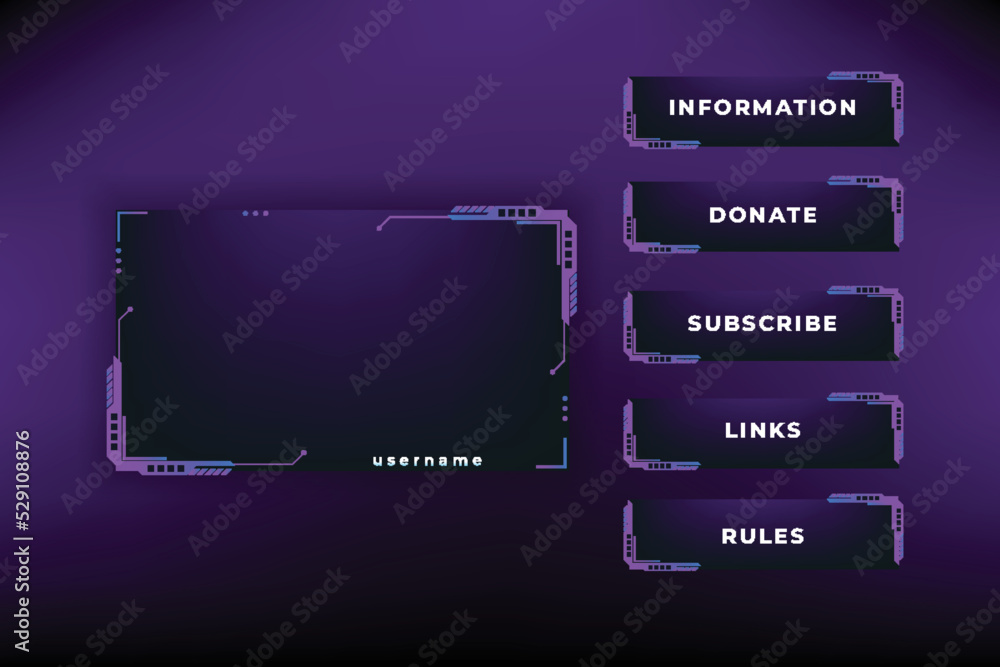 Twitch stream panels collection. Streaming screen panel overlay game design template
