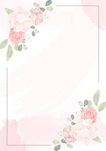 Pink Rose And Peony Flower Bouquet Wreath With Frame On Pink Watercolor Splash Background