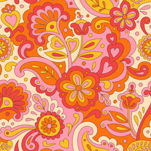 Colorful Folk Psychedelic Seamless Pattern. Retro Ethnic Ornament. Vintage Vector Background. Hippie 70s Styled Groovy Textile Print. Floral Motifs