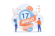 Businessman and woman winners and bingo lottery balls with lucky numbers, tiny people. Lottery money game, lucky raffle ticket, bingo game concept. flat vector modern illustration