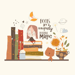 Wall Mural - Cute Girl sitting on Big Stack of Books