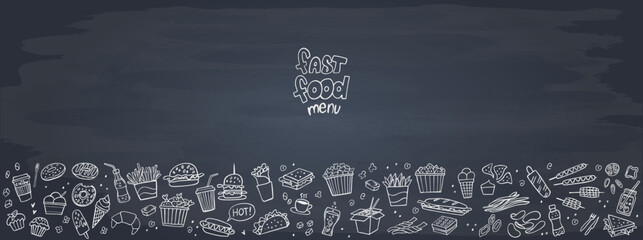 Banner of Set fast food doodles on chalkboard. Vector illustration. Perfect for menu or food package design.