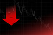 vector graphic with stock market graph representing downward trend with red colors and descending graph on black background