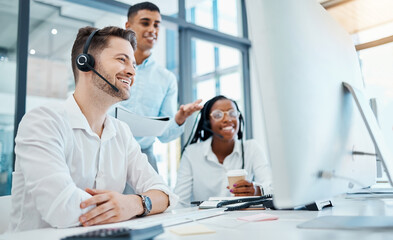 Aufkleber - CRM, call center and telemarketing or about us team during training or coaching with manager on computer in office. Collaboration, teamwork and diversity at customer support agency with good feedback