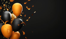 Realistic Balloons With Glitter Effect, Golden Confetti And Copy Space On Black Background.