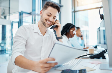 Poster - Telemarketing training and web help man on an office phone consultation with a work script. Happy internet call center and crm customer support consultant working on digital tech customer service