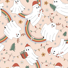 Retro 70s 60s Hippie Groovy Christmas Ghost Flower Rainbow Garland Vector Seamless Pattern. Xmas Floral Santa Reindeer Snowman Spook Background. Trippy Dancing Ghosts Surface Design.