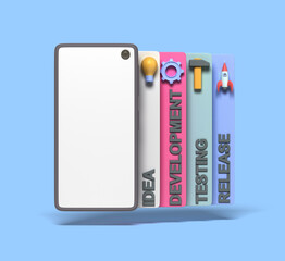 mobile app development concept stages of application development 3d render on blue