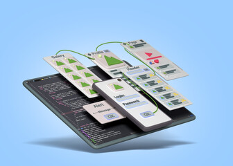 mobile software development concept smatrphone with screens around application development 3d render on blue