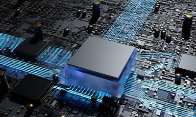 Central Computer Processors CPU concept. Technology background.  Motherboard digital chip. Tech science background. 3D illustration