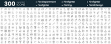 Set Of 300 Thin Line Icons Set. In This Bundle Include Fire Department, Firefighter, Fishing, Floral Design