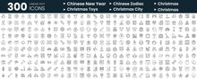 Set Of 300 Thin Line Icons Set. In This Bundle Include Chinese New Year, Chinese Zodiac, Christmas, Christmas Toys, Christmas City