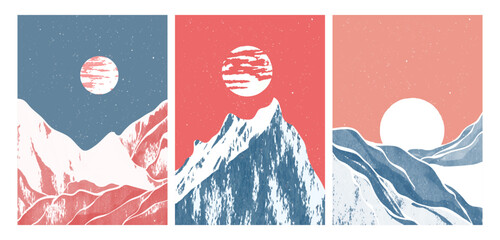 set of Mid century modern minimalist art print. Abstract mountain contemporary aesthetic backgrounds landscapes. vector illustrations