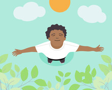 Relaxed man breathing fresh air  on green backgroud,  flat vector illustration.