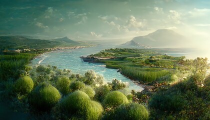 Wall Mural - Summer landscape with a seashore, an island with a hill and mountains on the horizon.