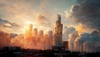 Sticker - Sunset over the city with clouds, skyscrapers and sun.