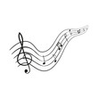Hand drawn black music staff and various notes wave design isolated on white background. Banner for sound, song, presentation, audio. Vector illustration abstract music line art doodles icon template.