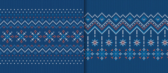 Wall Mural - Blue christmas textures. Set knitted seamless pattern. Knit frames. Holiday background. Fair isle traditional ornament. Xmas print. Festive sweater border. Vector illustration.