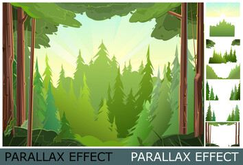 Wall Mural - View of thick taiga. Image from layers for overlay with parallax effect. Beautiful pine forest. Wild floral landscape. Illustration in cartoon style flat design. Vector.