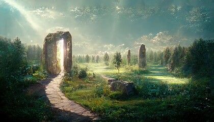 Wall Mural - portal with stone arch in end of paved road on forest glade