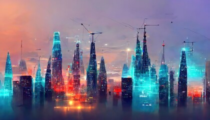 Aufkleber - Fantastic highrise city buildings illuminated by neon lights