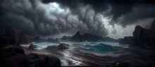 Stormy Ocean And Steep Wet Rocks Against Heavy Grey Clouds