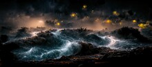 Stormy Ocean With Rolling Waves Under Dark Sky At Night