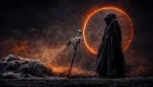Grim Reaper And Skeleton On Waste Land Against Sun Eclipse